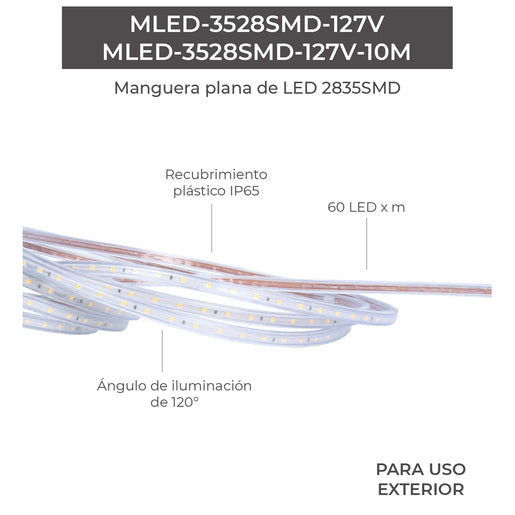 MANGUERA PLANA LED 3528 SMD 10M 127V IP65 BCO CAL TECN